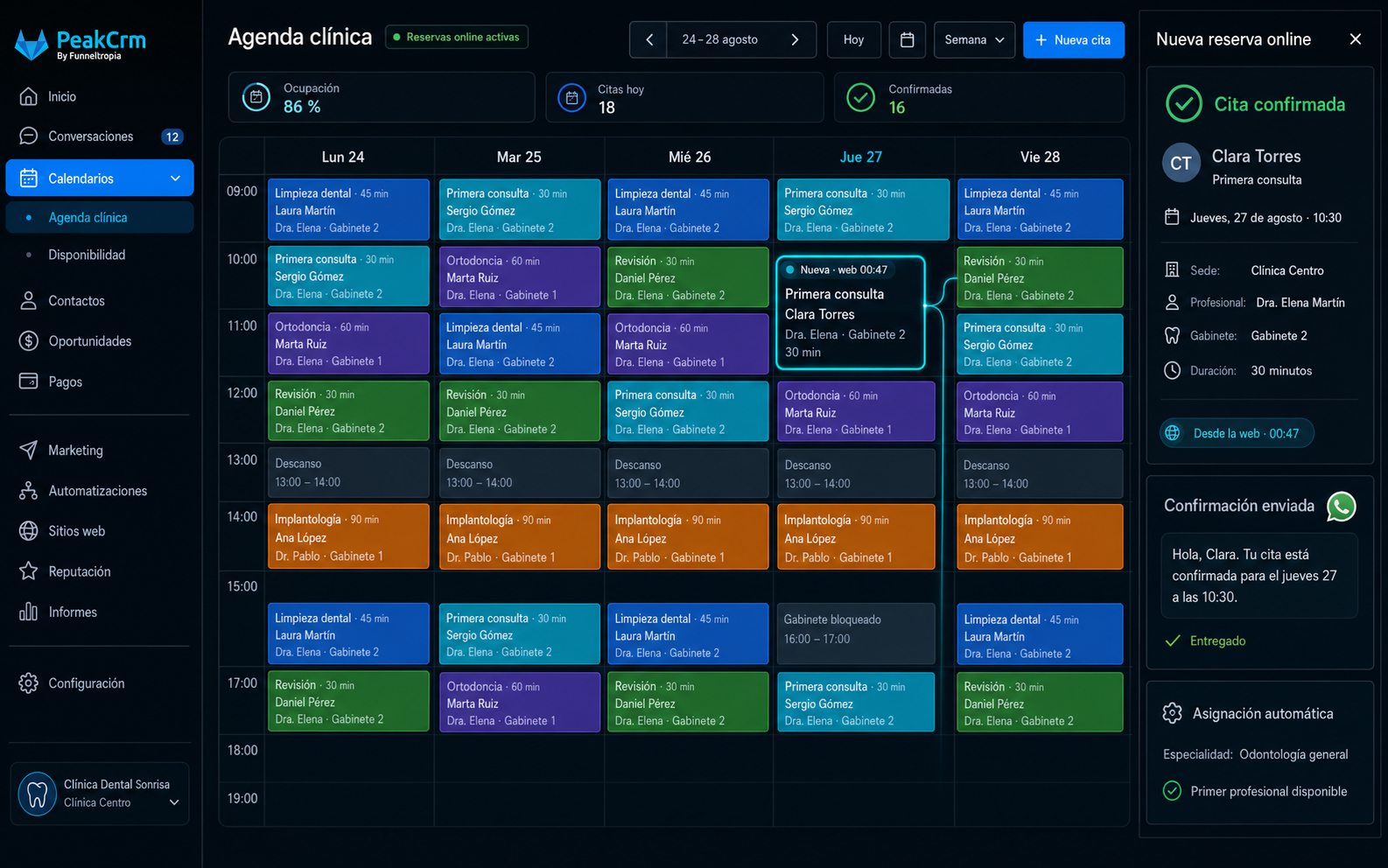 Agenda semanal de una clínica con las citas confirmadas