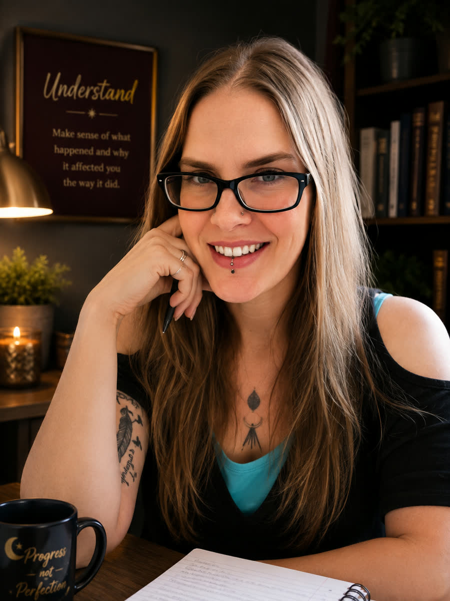Kristina at her desk, beneath a framed sign reading Understand