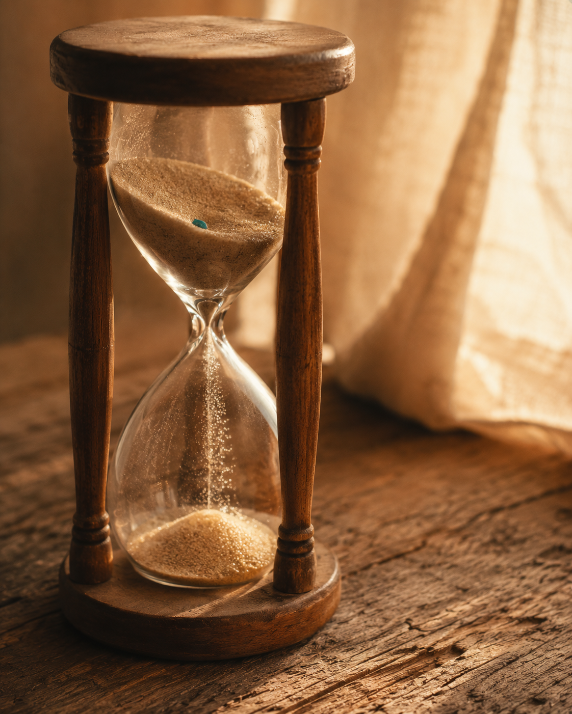 Hourglass with sand mid-fall — something being released, gravity doing the work