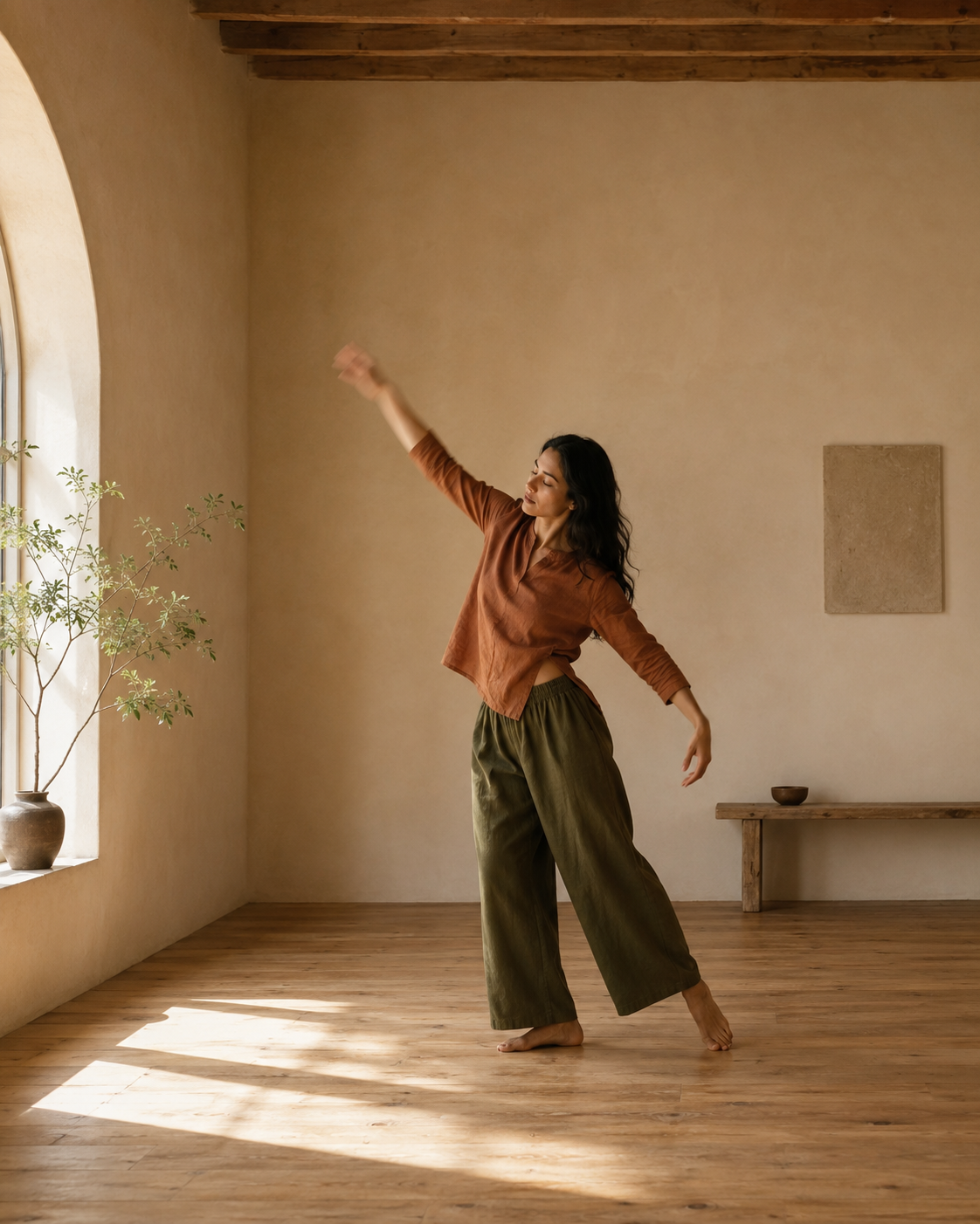 A body in easeful motion — a slow, released reach in warm morning light