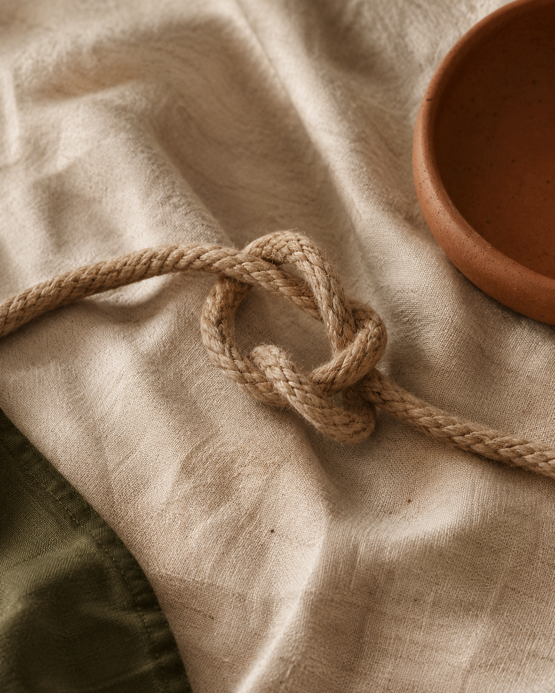 Still life of release — a knot loosened, gravity doing the work