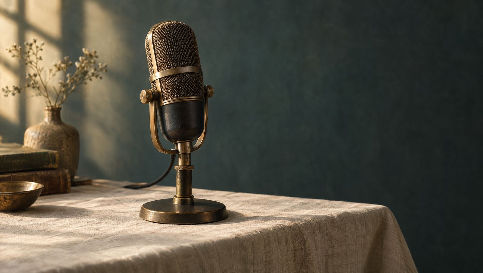 A vintage microphone on a linen-covered table