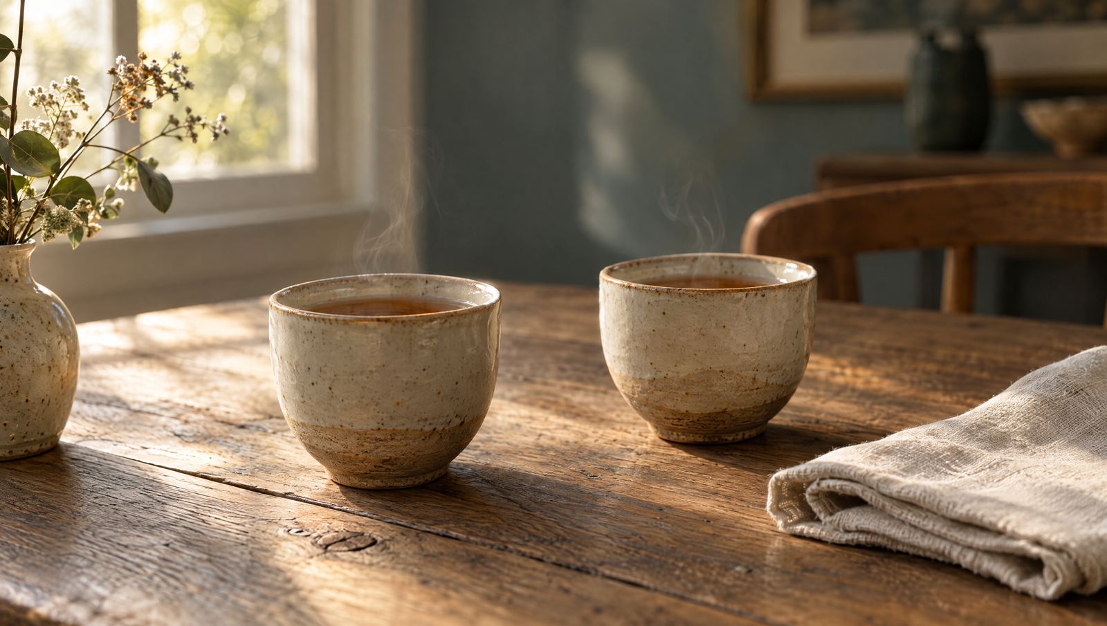 Two ceramic cups of tea on a wooden table