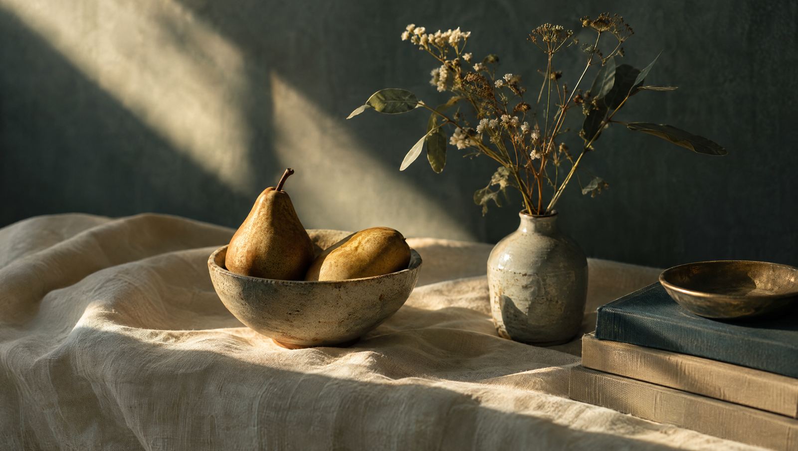 A still life on linen in afternoon light