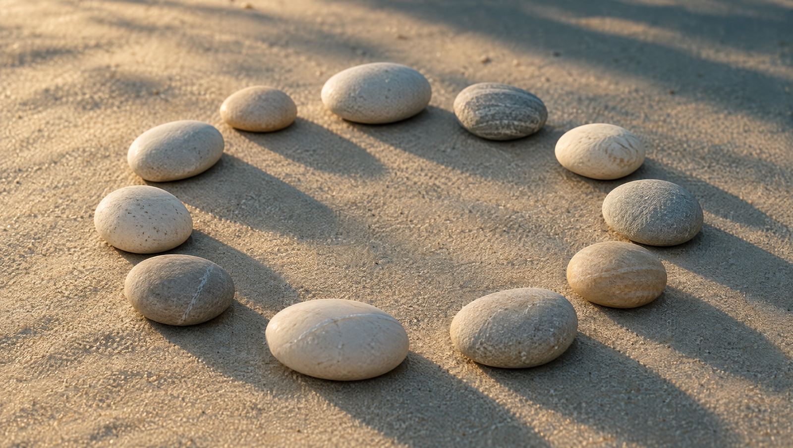 Twelve pale stones arranged in a circle on sand
