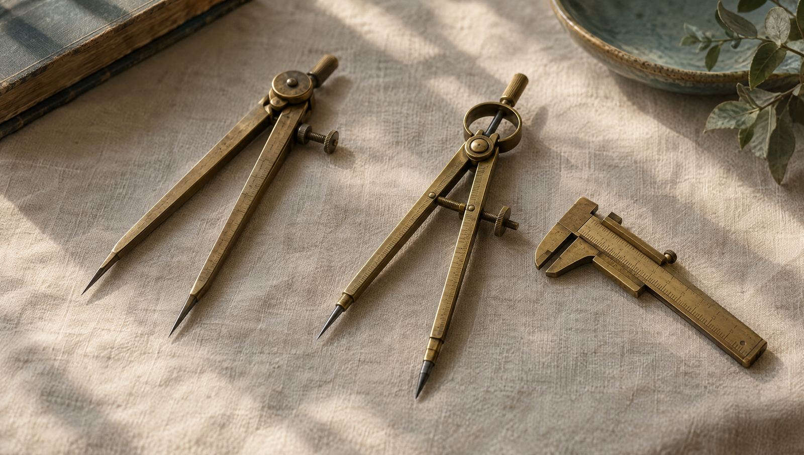 Brass drafting instruments laid on linen