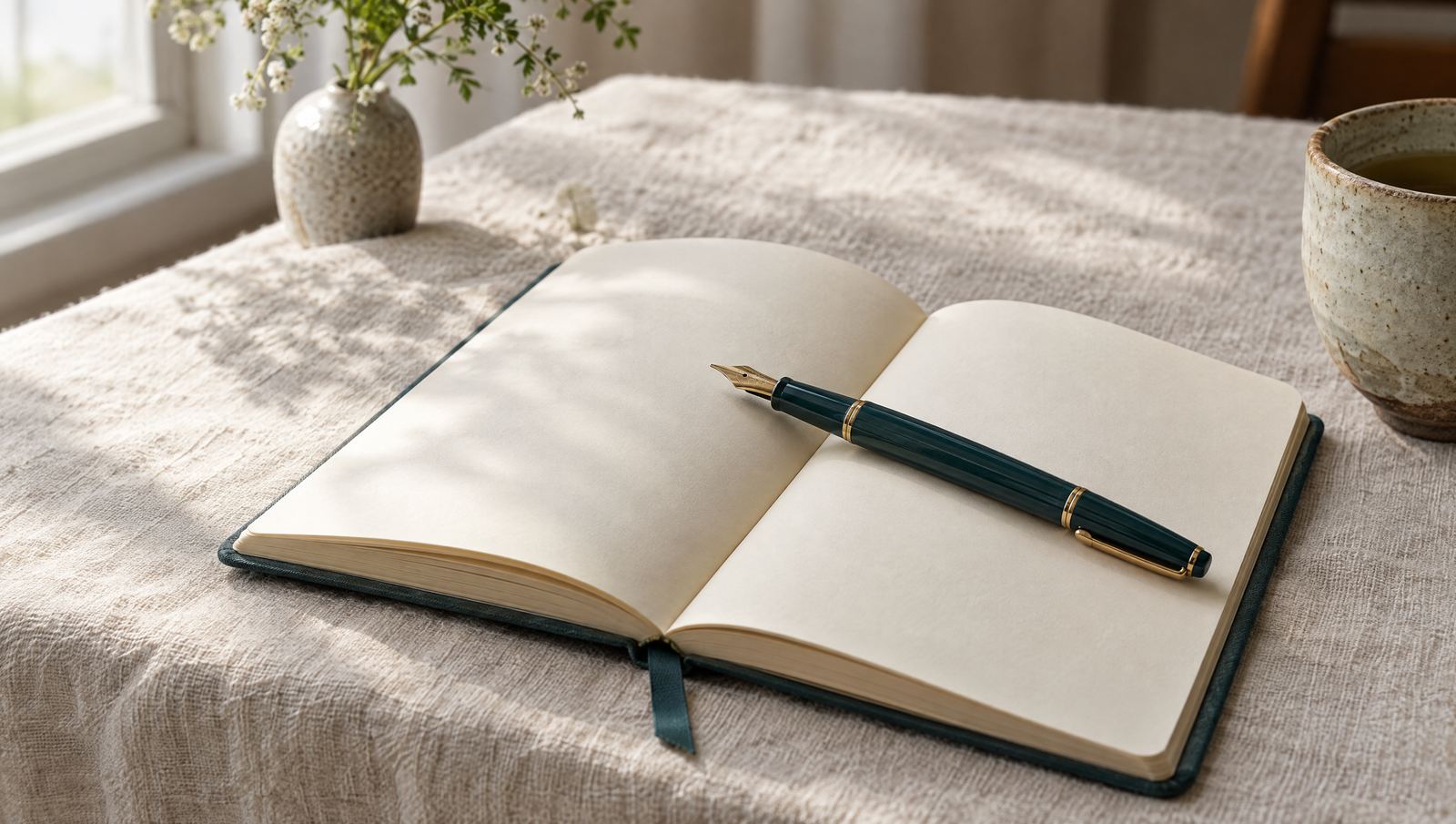 An open notebook and fountain pen on linen