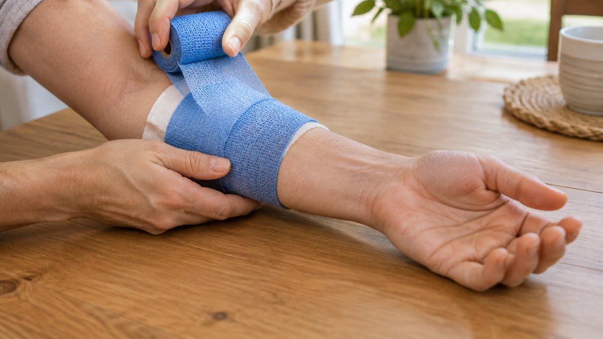 Hands wrapping a light blue self-adherent wrap around a forearm over a white pad at a kitchen table, with the fingers left showing