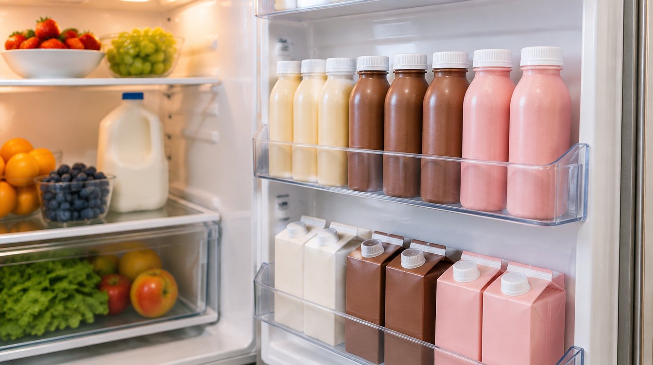 A refrigerator door stocked with vanilla, chocolate and strawberry nutrition shakes in bottles and cartons