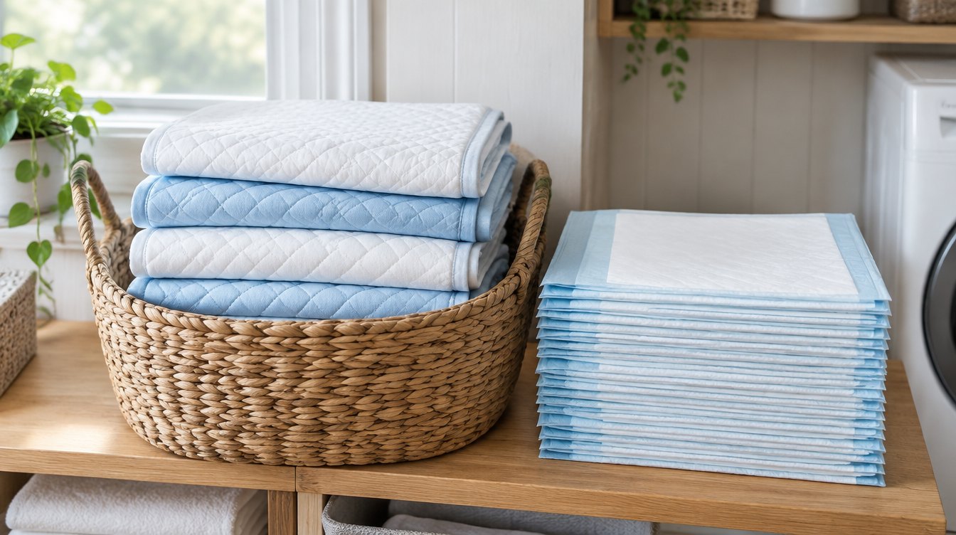 Folded washable bed pads in a laundry basket next to a stack of disposable underpads