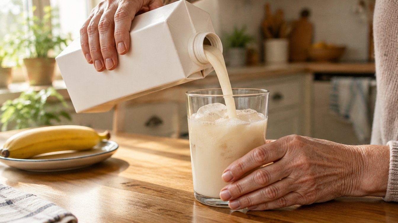 An older adult's hands pouring a vanilla nutrition shake over ice in a glass at a kitchen table