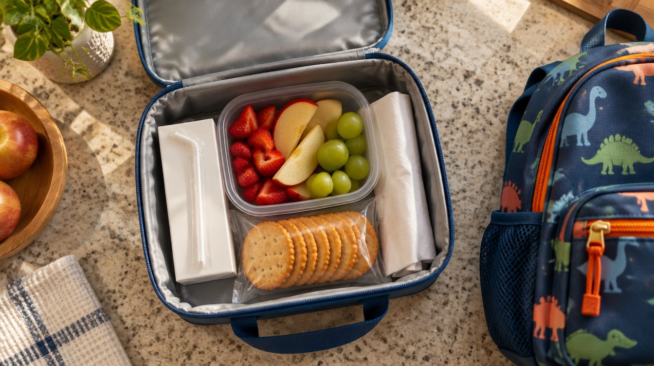 An open lunchbox packed with a small drink carton and straw, fruit and crackers next to a child's backpack