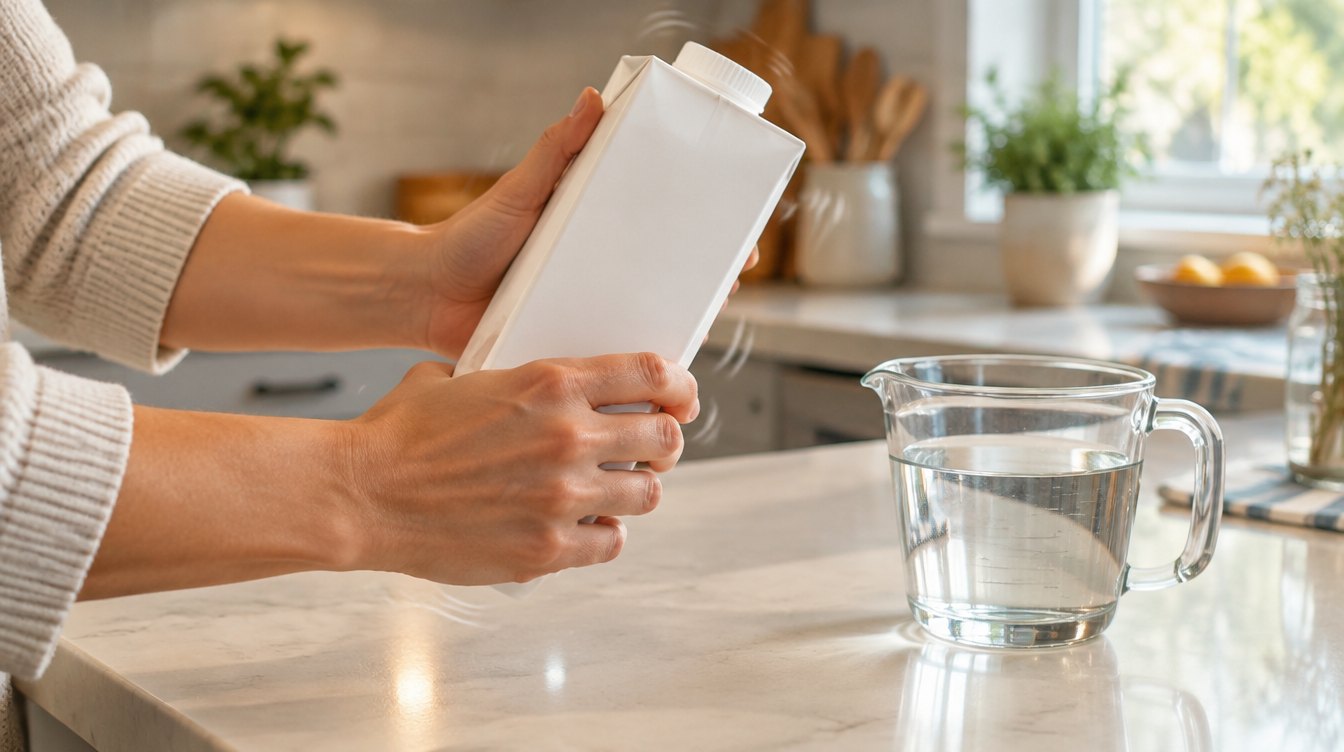 A caregiver's hands shaking a plain white carton at a kitchen counter next to a measuring cup of water