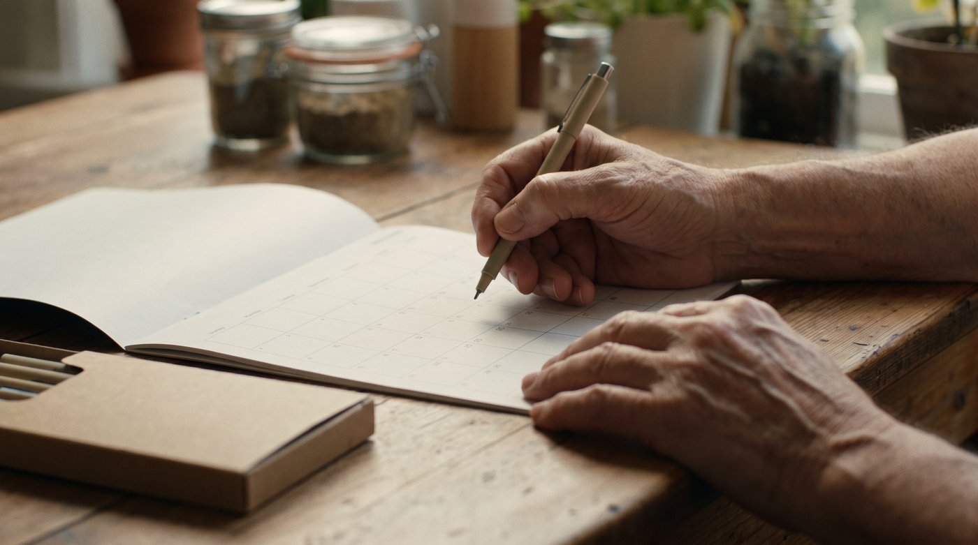 A pen resting on a paper calendar at a kitchen table, beside a case of supplies