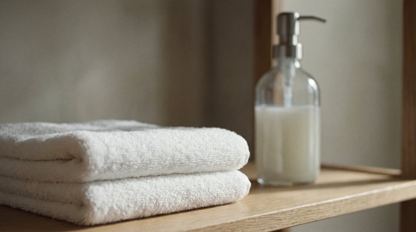 Soft folded towels and a plain bottle on a bathroom shelf