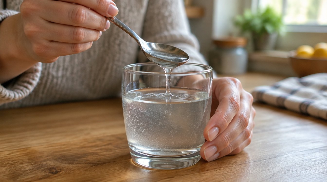Hands lifting a spoon from a glass of thickened water so the liquid drips slowly back into the glass