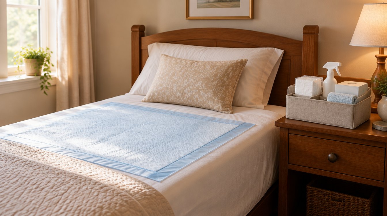 A made bed with a light blue underpad on the sheet, next to a nightstand caddy holding disposable washcloths, a no-rinse spray bottle, gloves and a towel