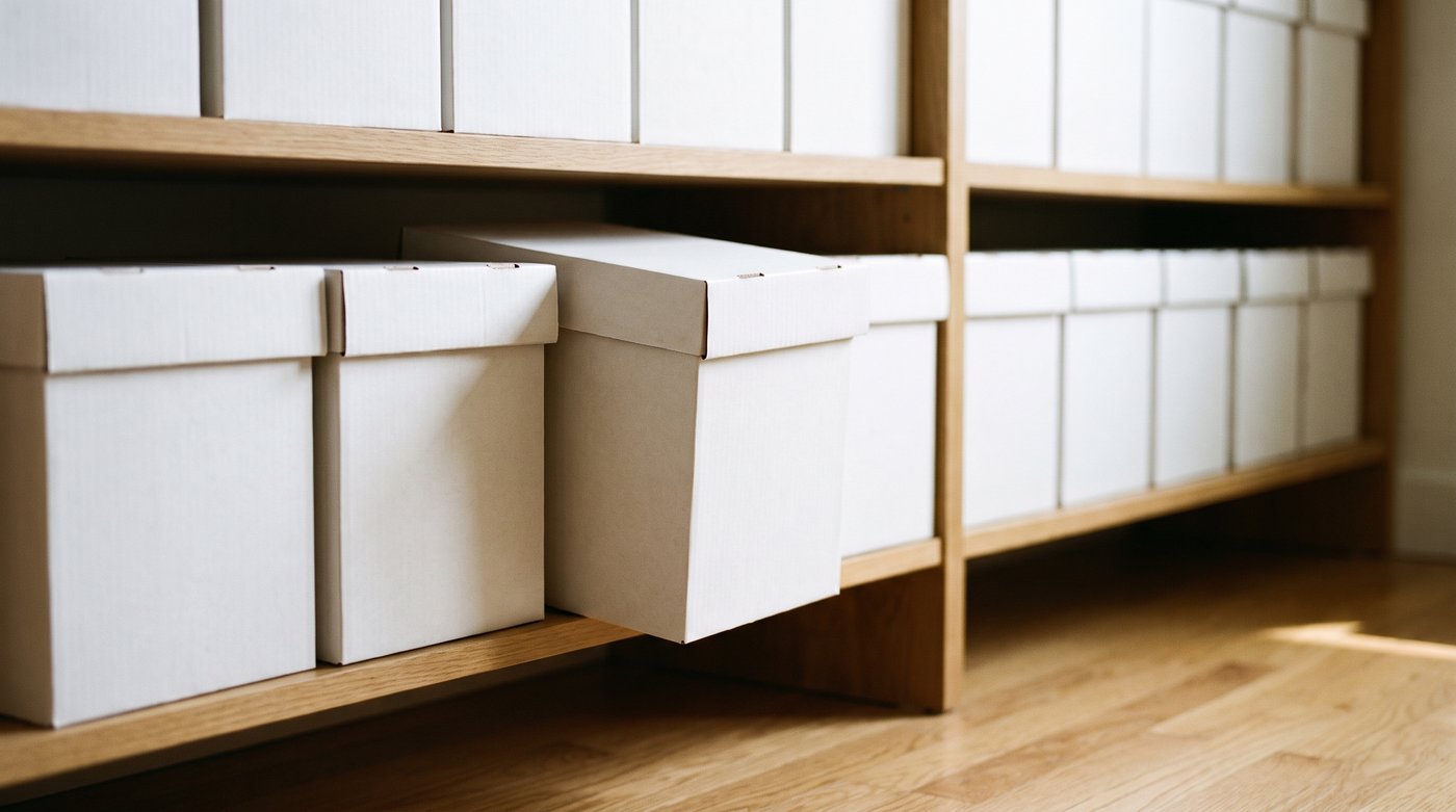 A closet shelf being reorganized, boxes neatly arranged