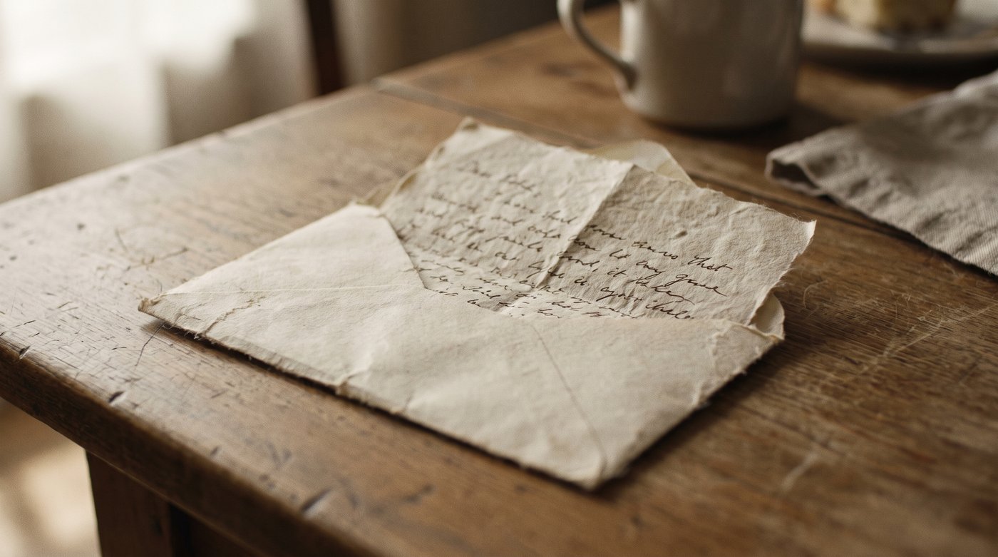 An open envelope and a handwritten letter on a kitchen table
