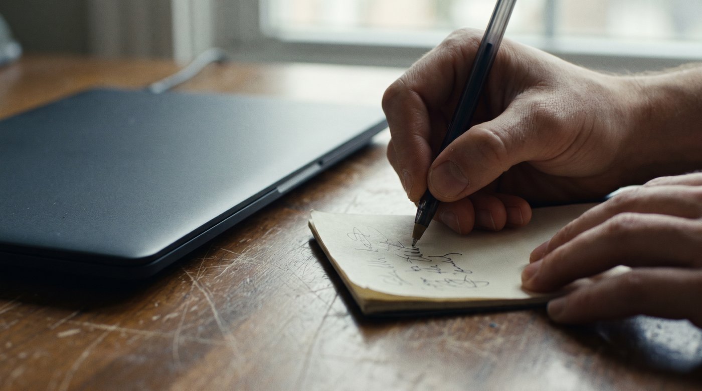 A hand writing a short note on a pad beside a laptop