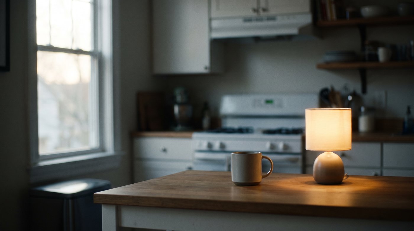 A quiet kitchen at dawn with one lamp on and a mug on the counter