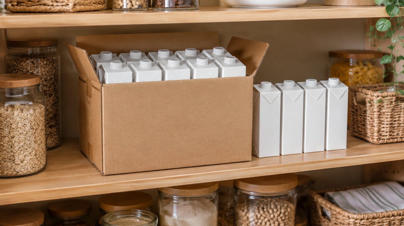 An open case of formula cartons on a pantry shelf with extra cartons lined up beside it