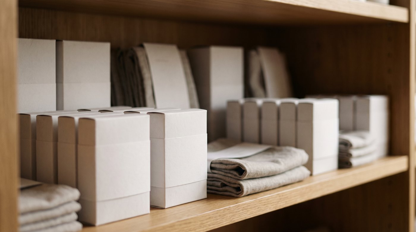A quiet home shelf with plain supplies neatly arranged