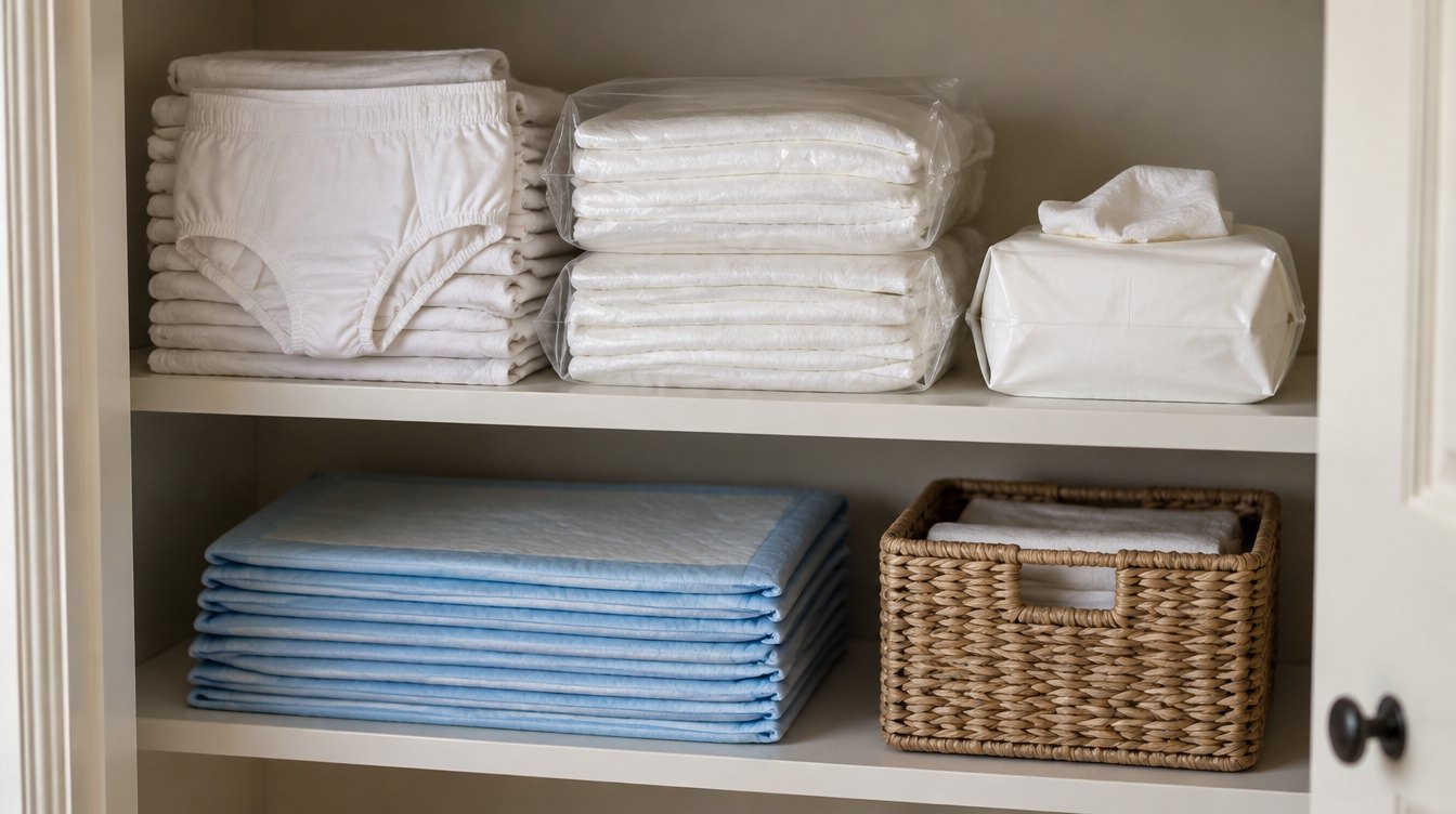 An organized closet shelf with protective underwear, bagged briefs, a pack of disposable washcloths, folded blue underpads and a basket