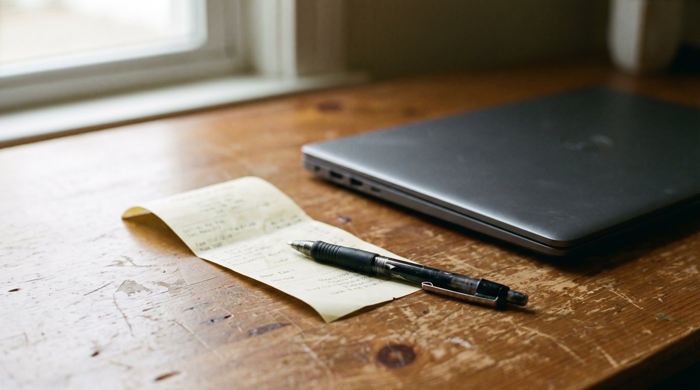 A paper receipt and a pen on a desk beside a laptop