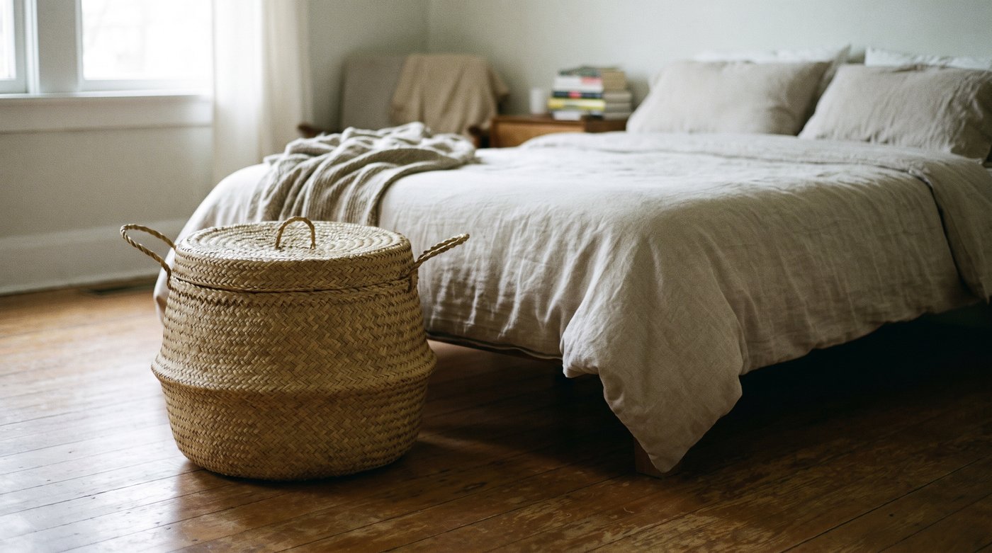 A lidded woven basket beside a bed, holding folded supplies