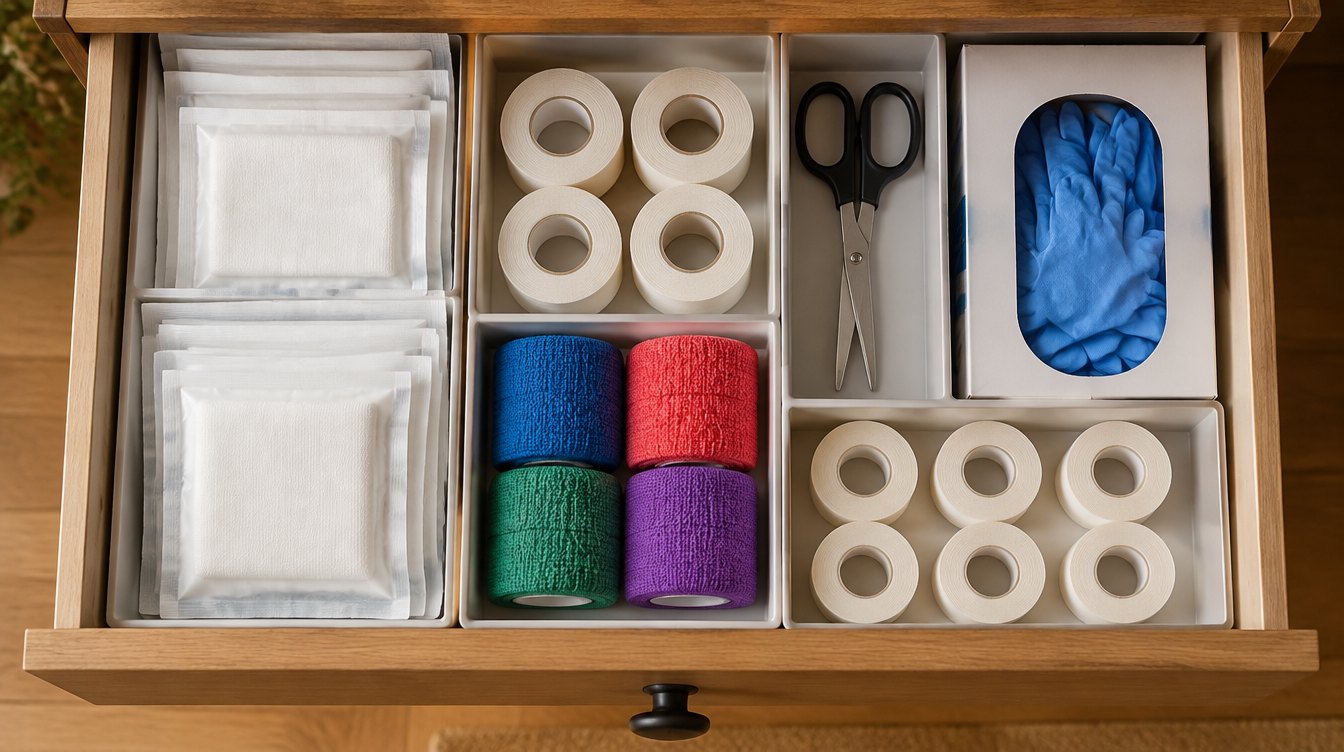 A tidy home supply drawer with sealed gauze pads, paper tape, colorful self-adherent wrap, scissors and disposable gloves