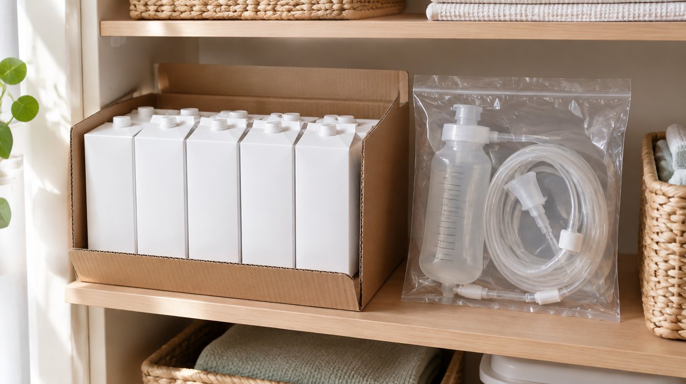 A home closet shelf with an open case of plain white cartons next to a feeding pump bag set still sealed in its packaging