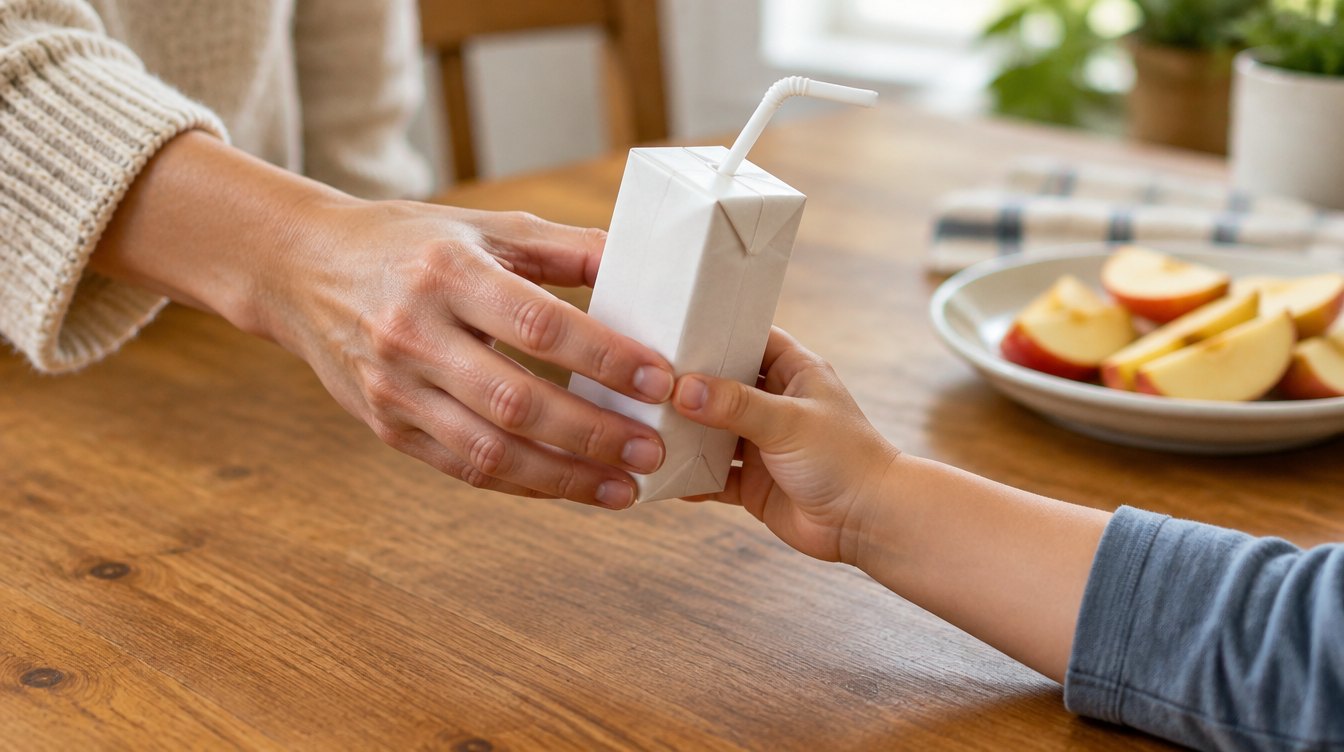 A parent's hand passing a small white drink carton with a straw to a child's hand at a kitchen table
