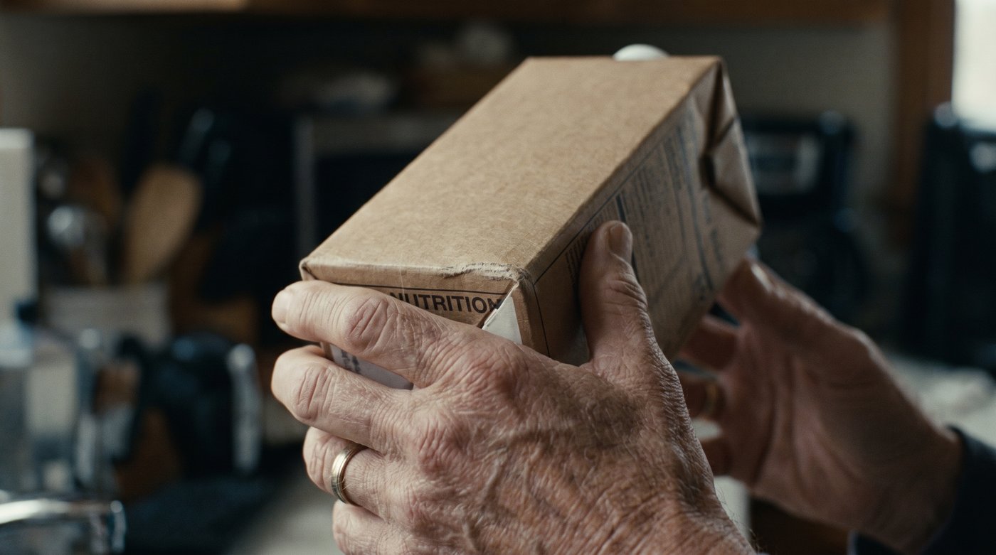 A hand holding a nutrition carton, reading the side of the label