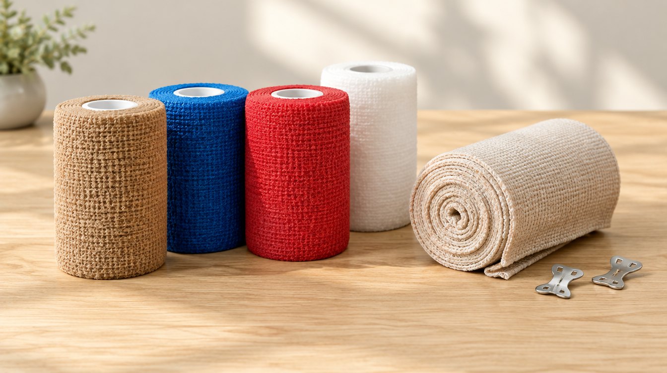 Tan, blue, red and white rolls of cohesive wrap next to a rolled beige elastic bandage and two metal bandage clips