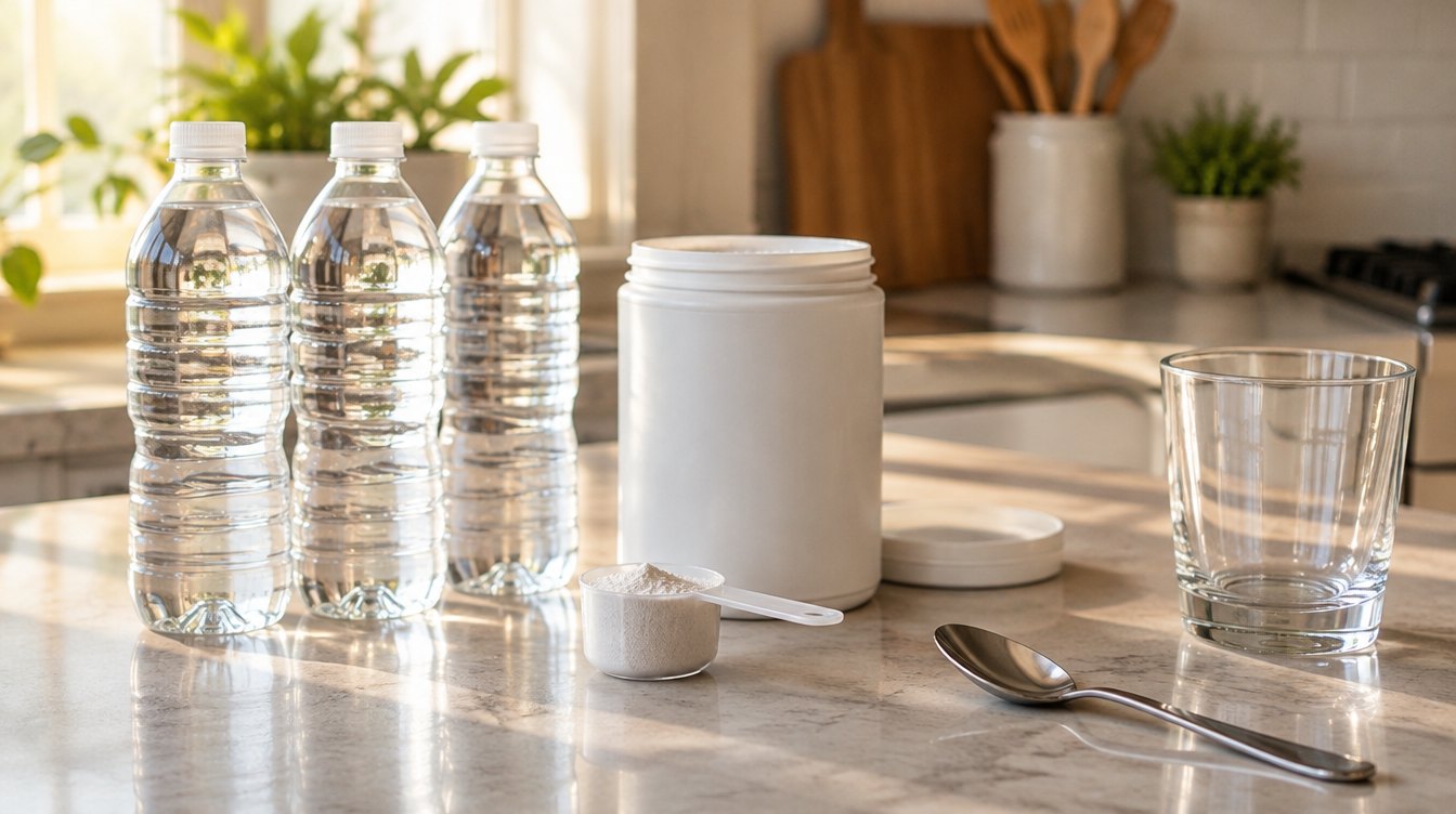 Three bottles of water, a white canister, a measuring scoop of powder, an empty glass and a spoon on a kitchen counter