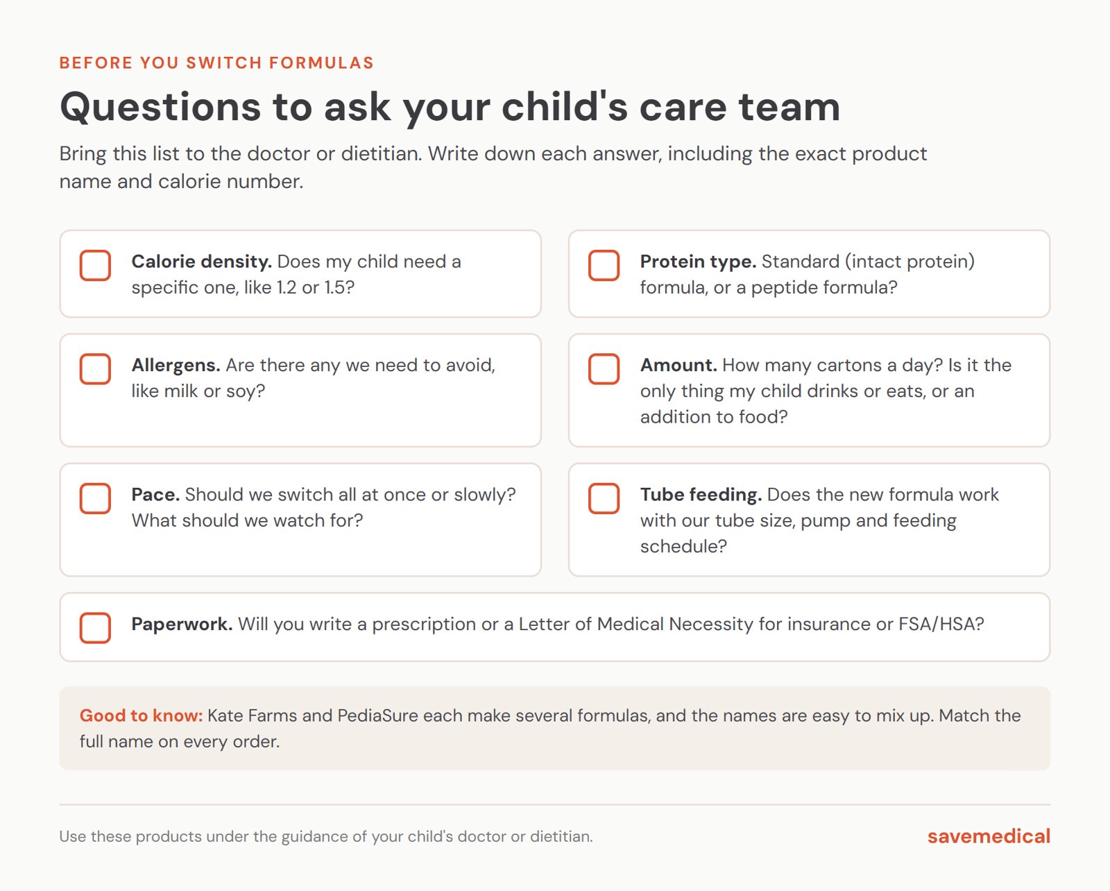 Checklist of 7 questions to ask your child's care team before switching formulas: calorie density like 1.2 or 1.5, standard or peptide protein, allergens like milk or soy, cartons per day, how fast to switch, tube size and pump fit, and a prescription or Letter of Medical Necessity