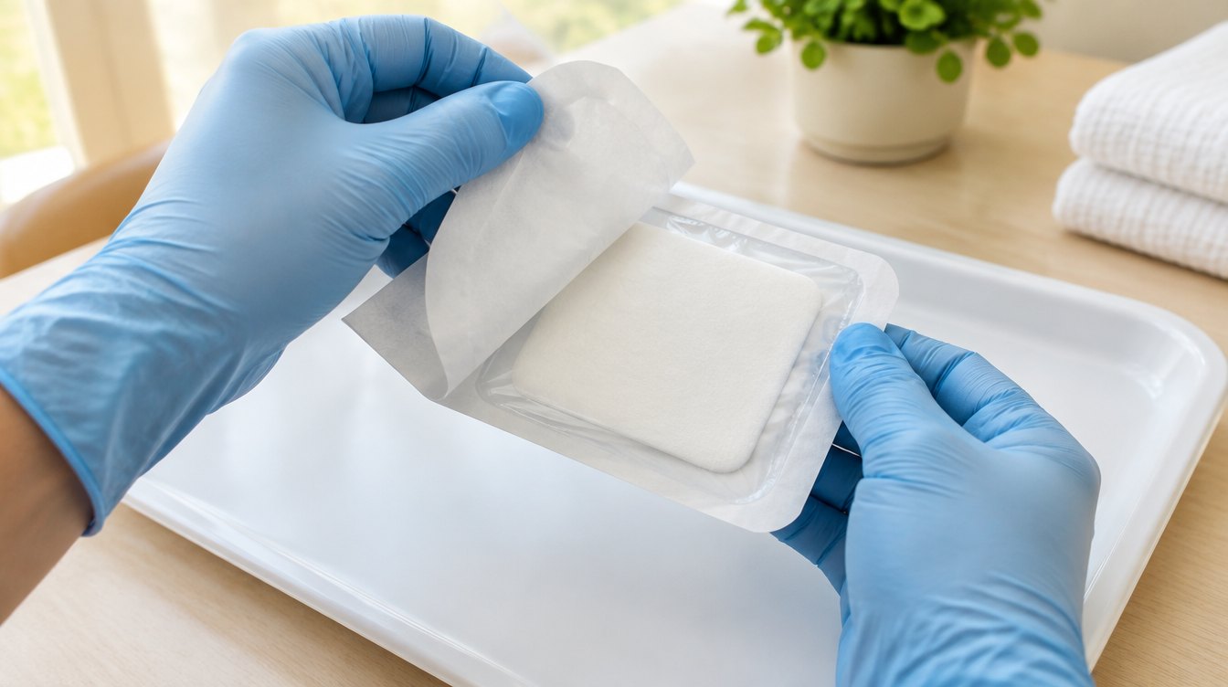 Gloved hands peeling open a sterile pouch with a white non-stick pad over a clean tray