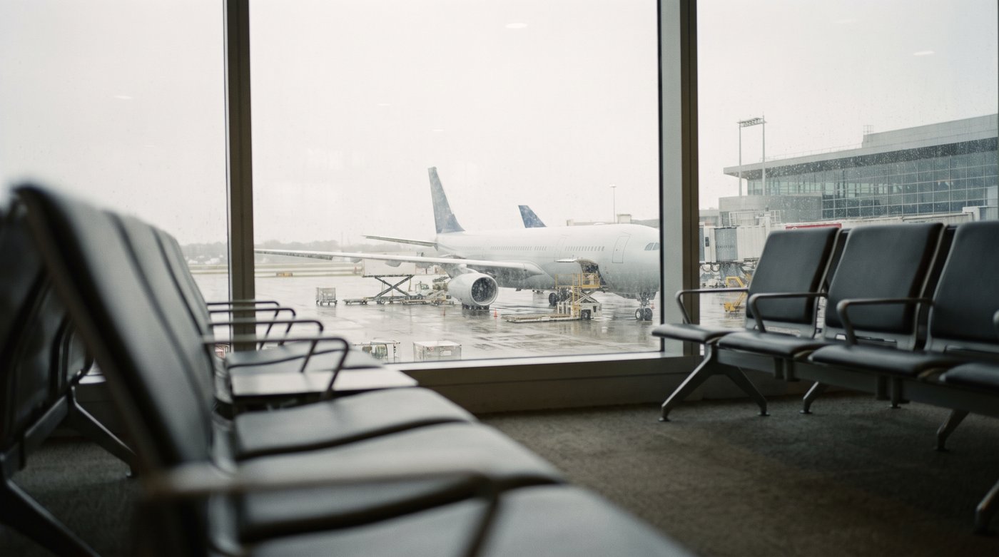 A quiet airport window at sunrise with a plane on the stand