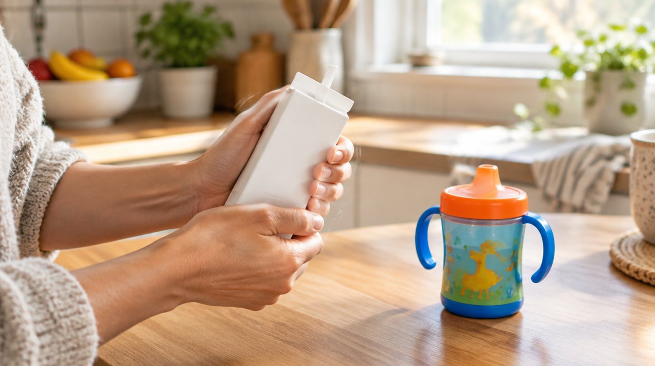 A parent's hands shaking a small formula carton at a kitchen counter next to a child's sippy cup