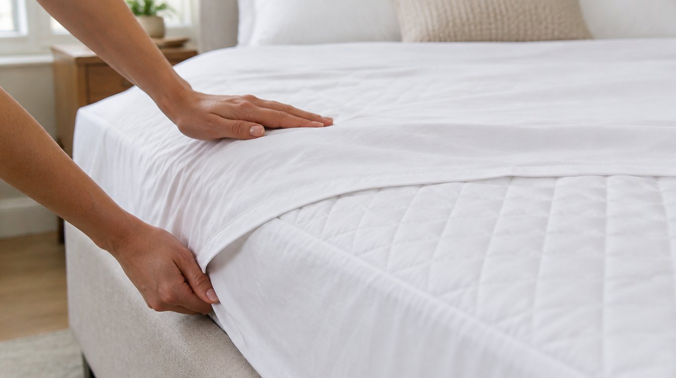 Hands tucking a draw sheet over an underpad on a bed