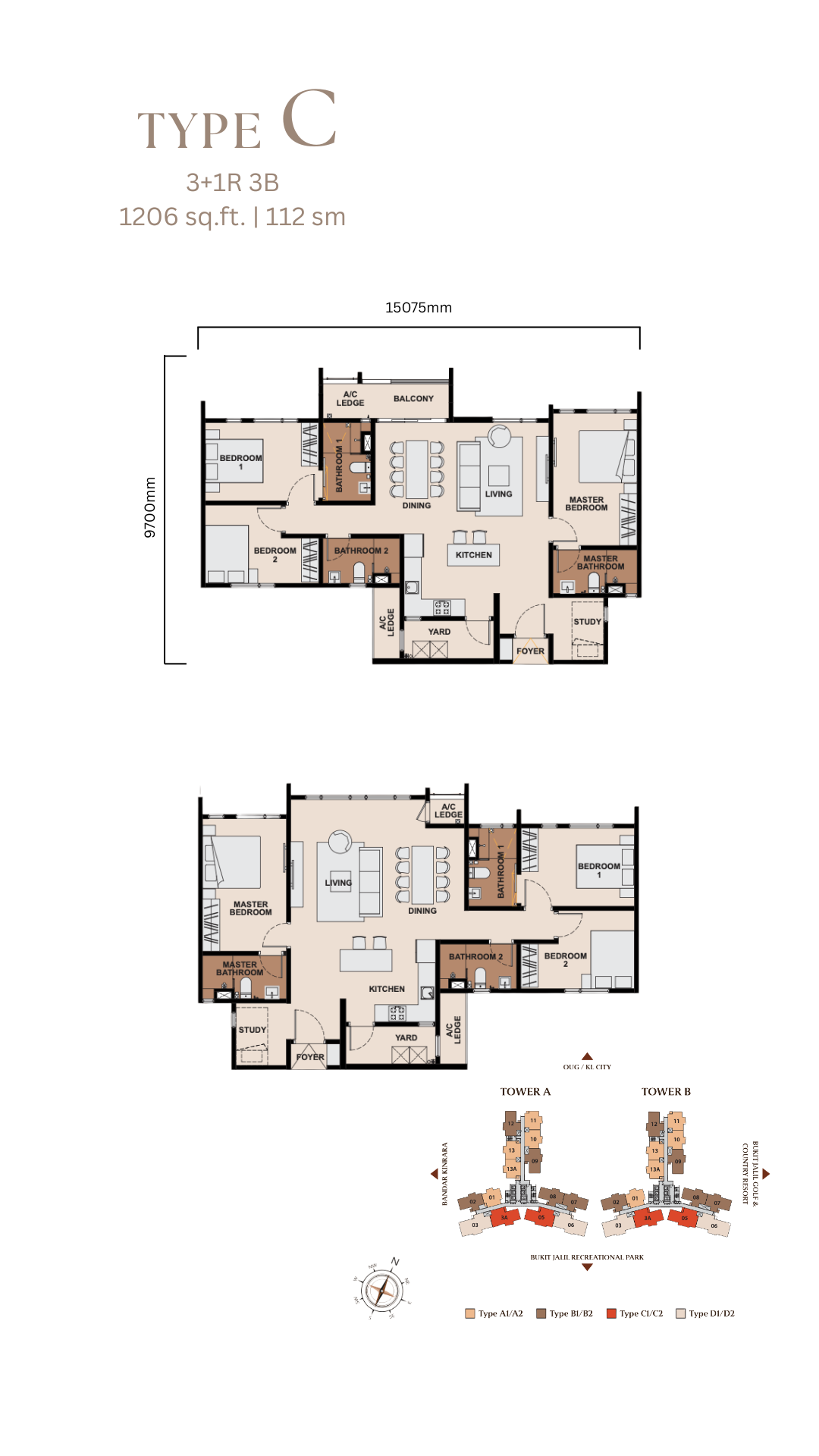 Family-friendly 3+1 bedroom condo layout in Bukit Jalil with park access
