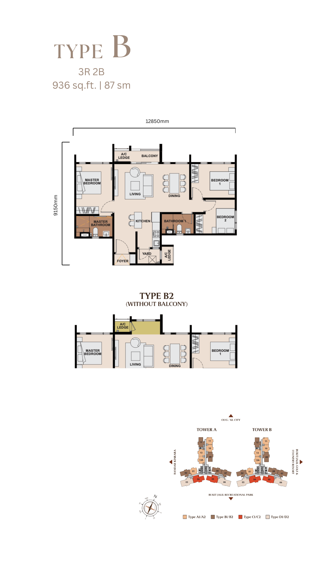 3-bedroom condo layout in Bukit Jalil near LRT Awan Besar