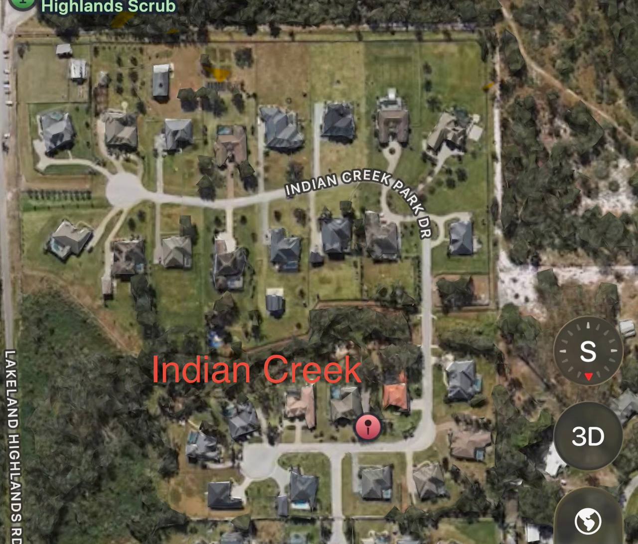 Aerial view of the Indian Creek community on Indian Creek Park Drive in Lakeland, Florida, maintained by Evergreen Lawns and Landscaping