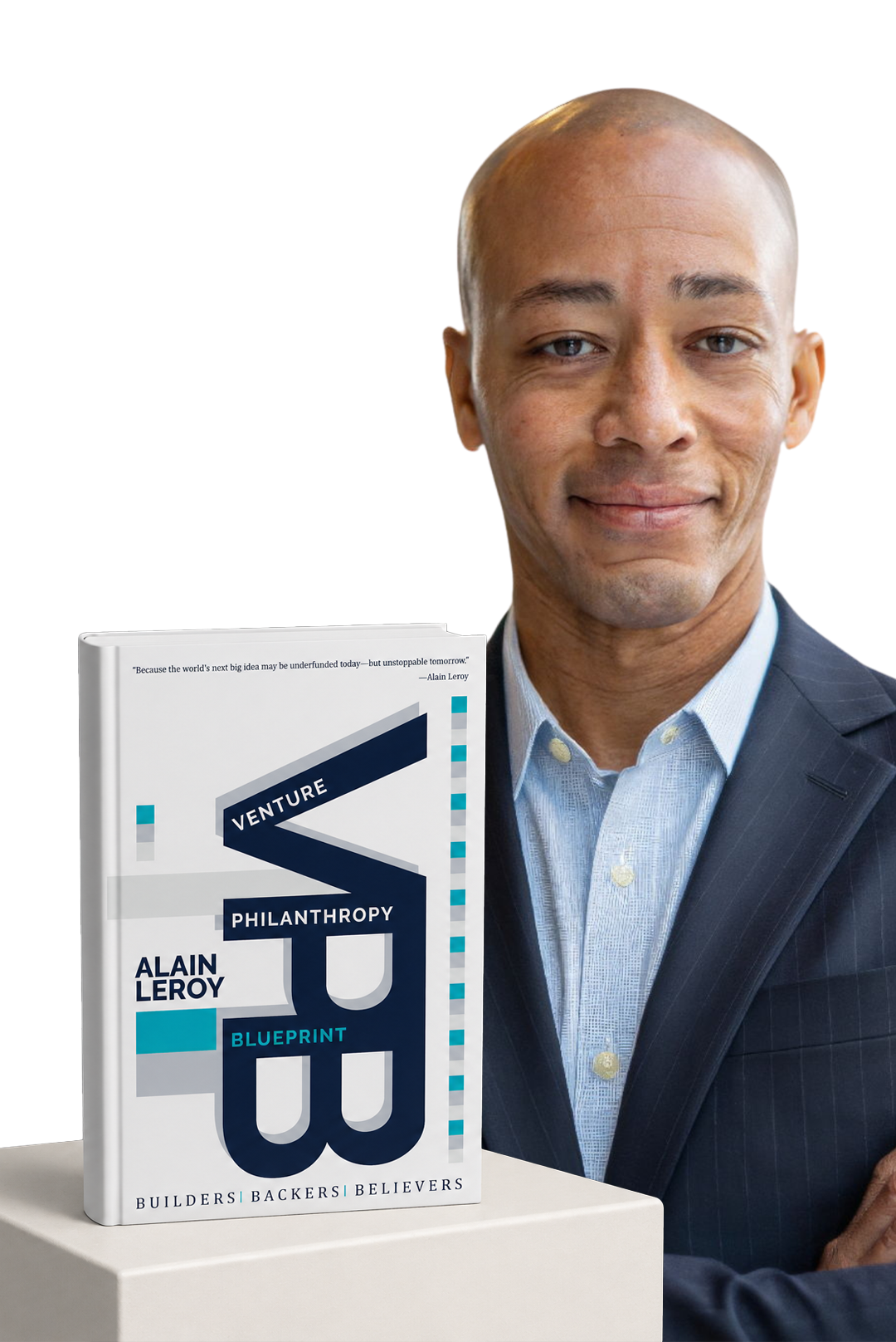 Alain Leroy, venture architect and author of Venture Philanthropy Blueprint, wearing a navy suit with arms crossed