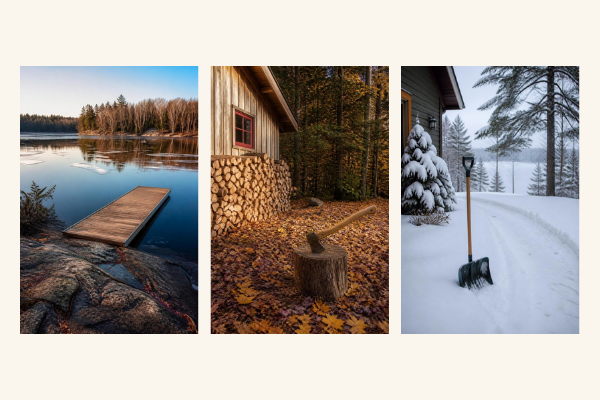 Illustration of Muskoka seasonal work that strains the back: a dock going in, firewood being stacked, and snow being shovelled
