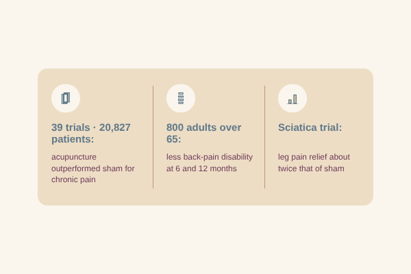 Summary of acupuncture research for back pain: 39 trials and 20,827 patients, 800 adults over 65, and sciatica leg pain relief about twice that of sham