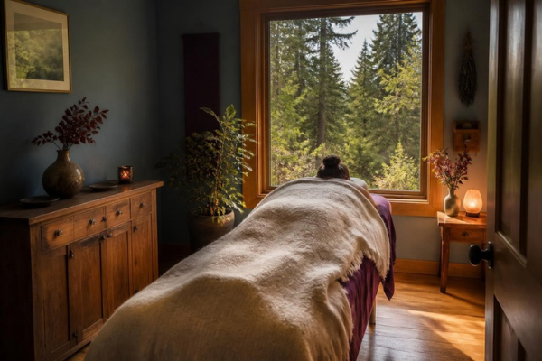 Calm treatment room at Cedar Healing Arts in Gravenhurst with a client resting during an acupuncture session for back pain