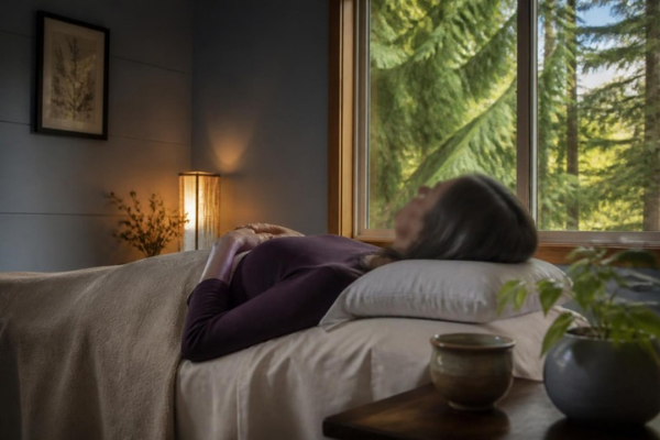 Woman resting during an acupuncture session for menopause symptoms at Cedar Healing Arts in Gravenhurst, Muskoka Woman resting during an acupuncture session for menopause symptoms at Cedar Healing Arts in Gravenhurst, Muskoka