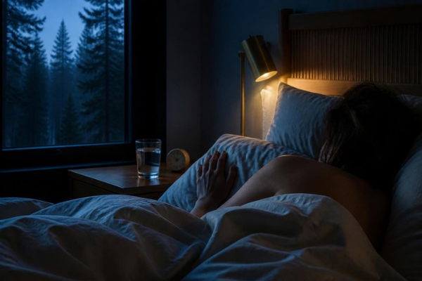Woman lying awake at night in a dark bedroom overlooking Muskoka pines, a common perimenopause sleep disruption Woman lying awake at night in a dark bedroom overlooking Muskoka pines, a common perimenopause sleep disruption